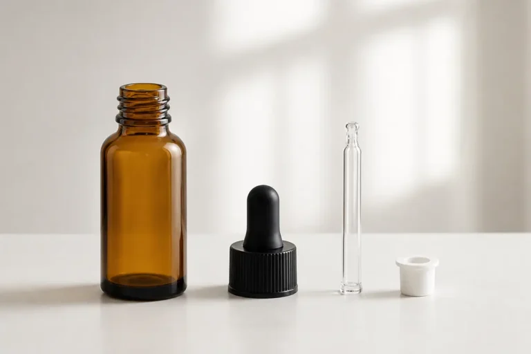 Glass serum bottle with dropper bulb pipette and closure components