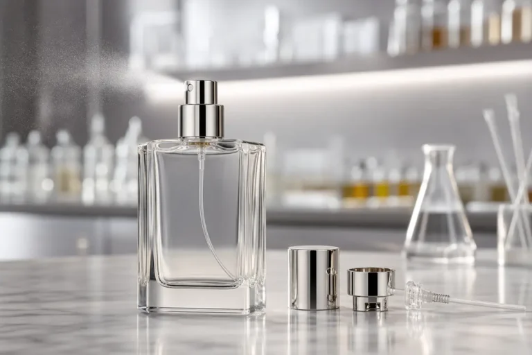 Perfume glass bottle with atomizer pump components on a laboratory bench