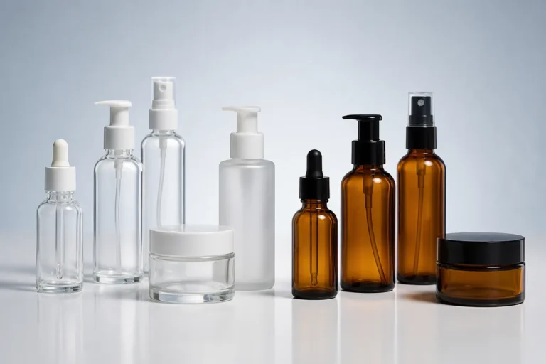 Assortment of clear, frosted, and amber cosmetic glass bottles with pumps, droppers, sprayers, and jars