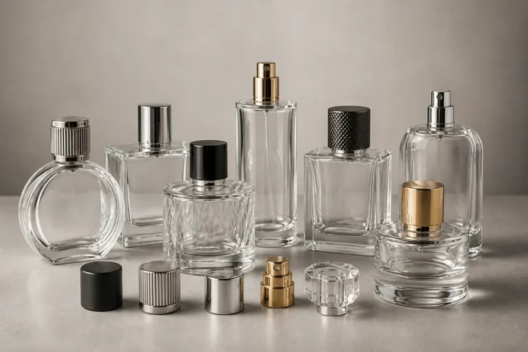 Clear glass perfume bottles in round, square and heavy-base shapes with coordinated caps and atomizers
