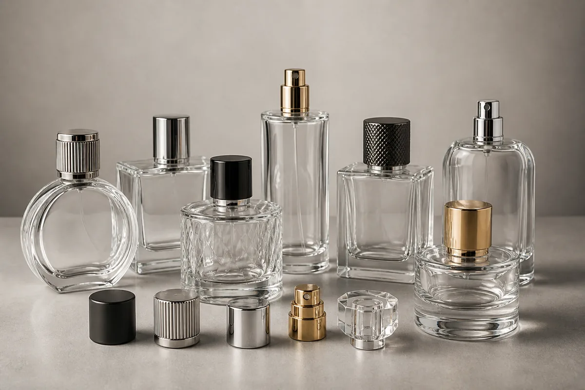 Clear glass perfume bottles in round, square and heavy-base shapes with coordinated caps and atomizers