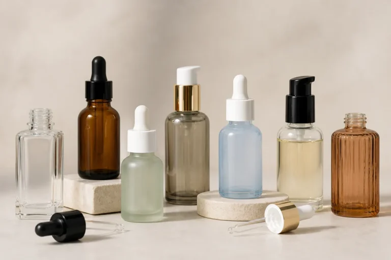 Clear, amber and colored glass serum bottles with droppers and treatment pumps