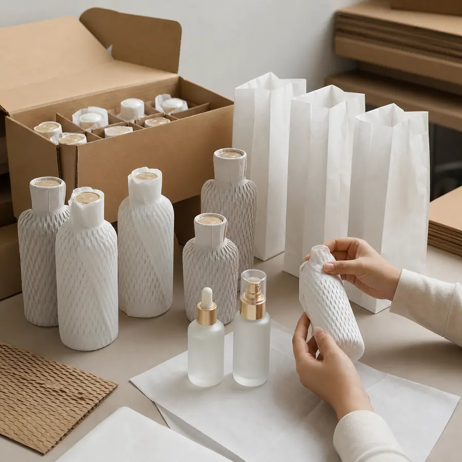 Cosmetic glass bottles protected with paper wraps and sleeves