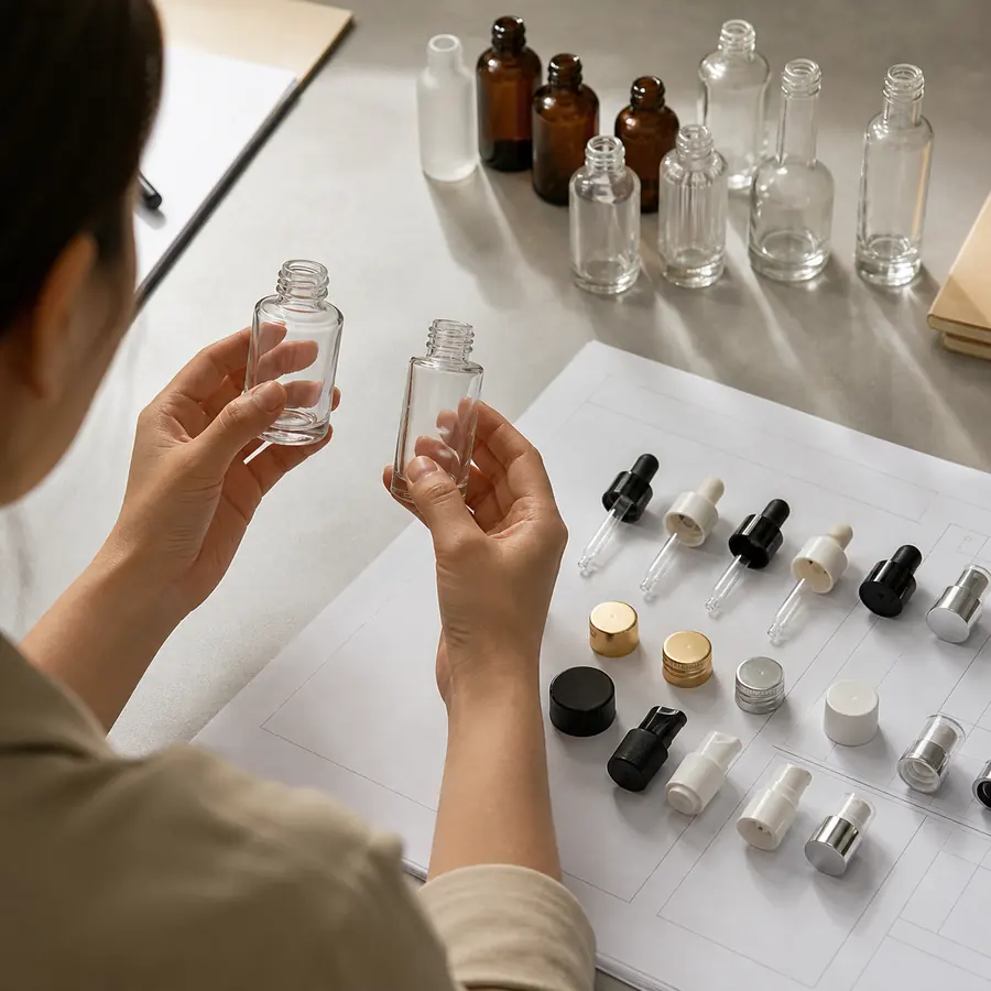Buyer comparing bottle neck finish and closure samples