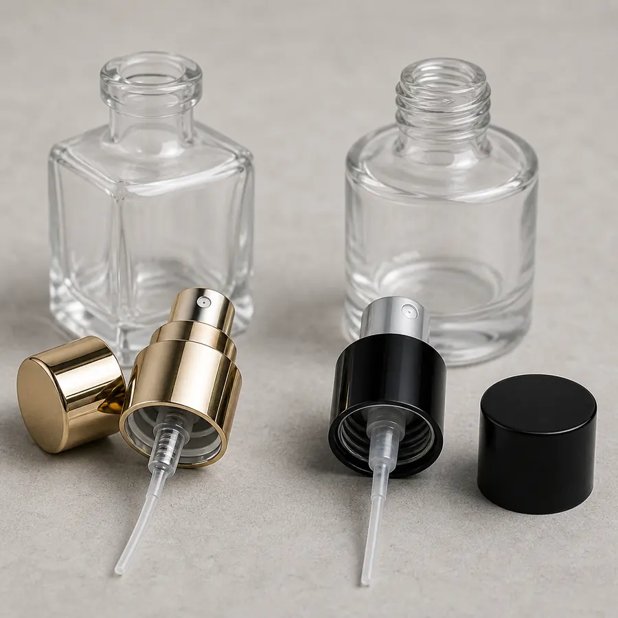Crimp and screw perfume atomizer components arranged for assembly review