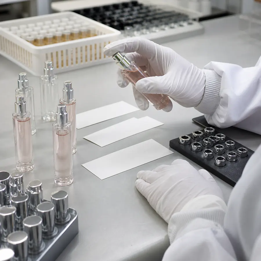 Technician evaluating filled perfume atomizer samples