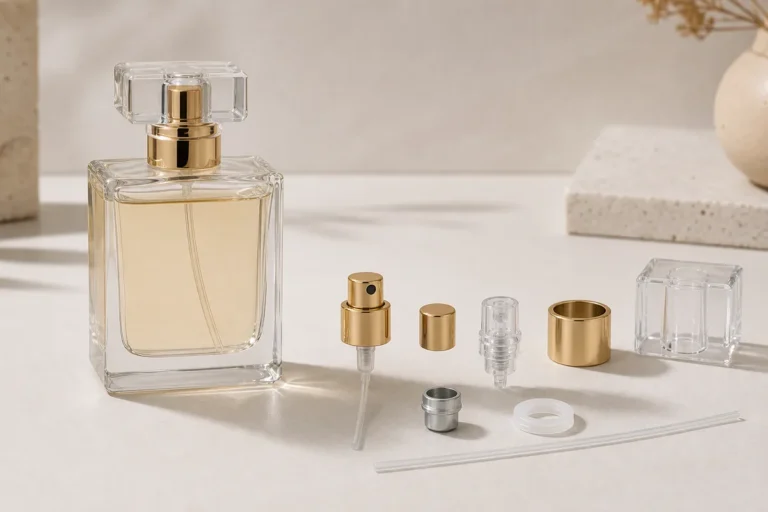 Perfume bottle anatomy with glass bottle atomizer collar cap and dip tube components