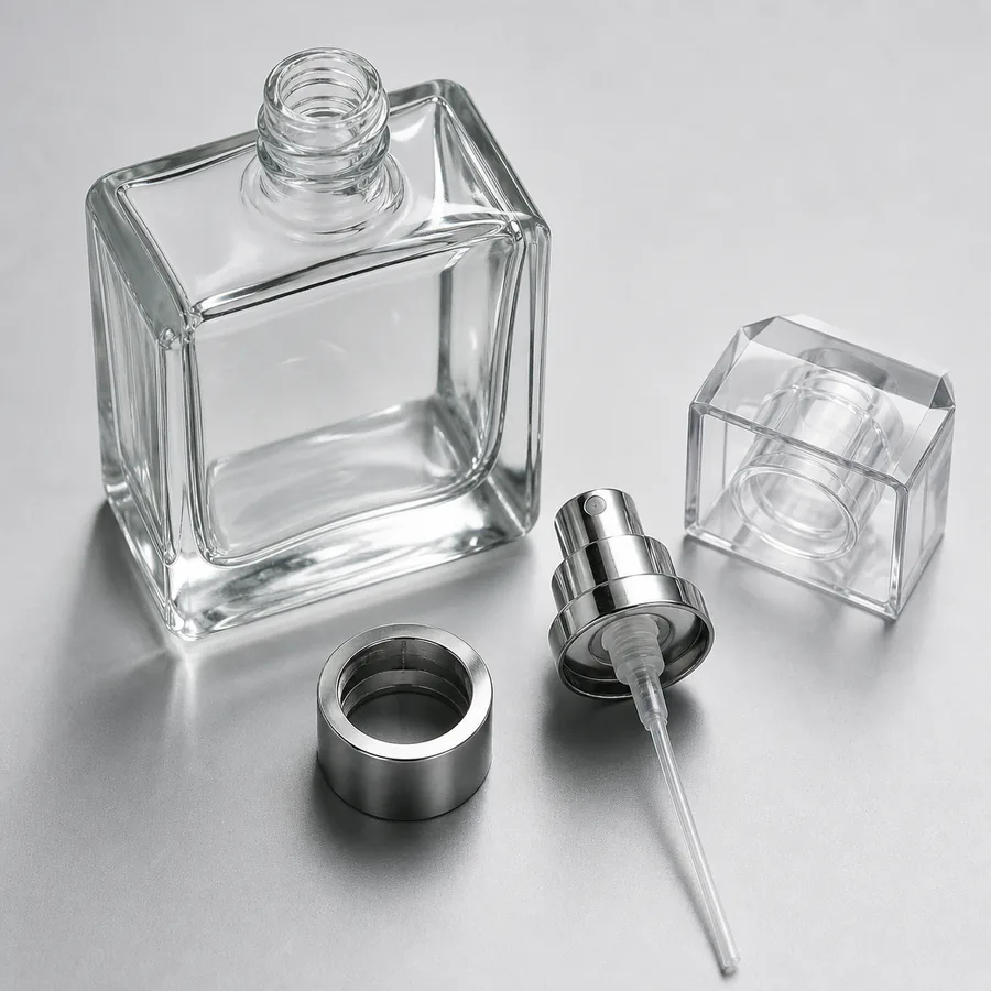 Perfume bottle neck with atomizer, collar, cap and dip tube components