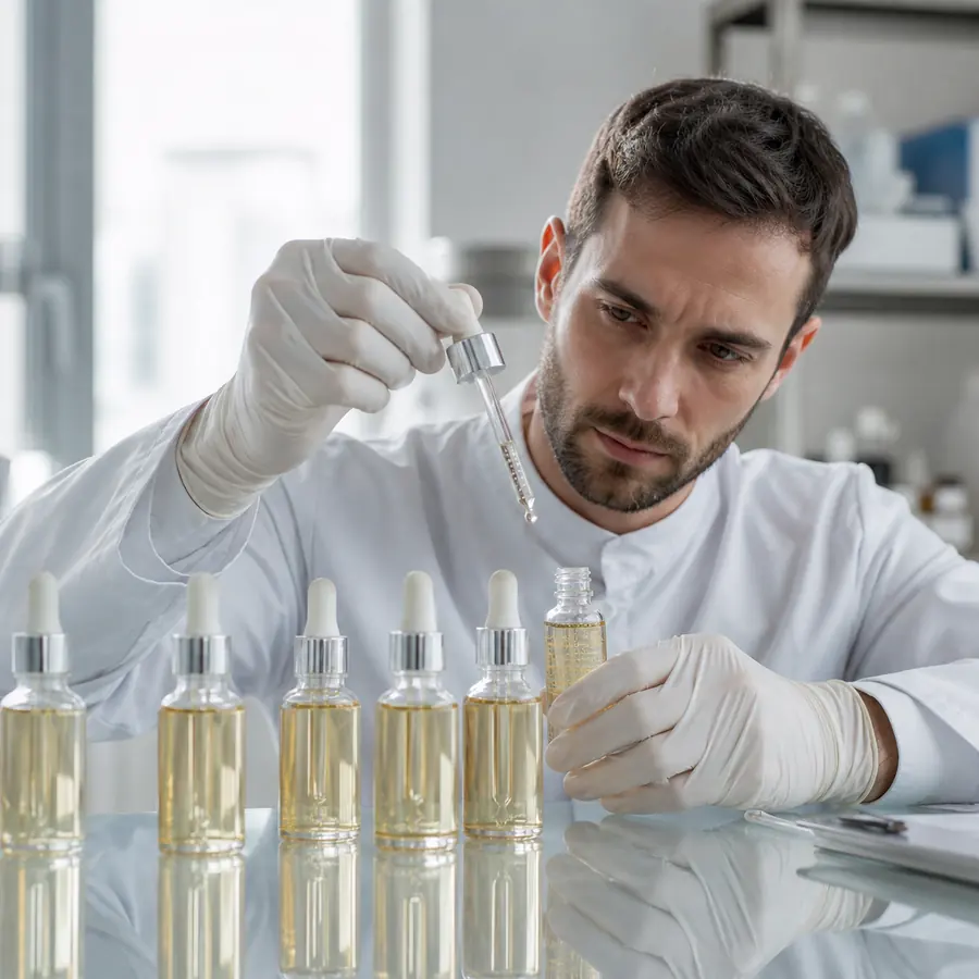 Technician testing filled serum dropper bottle samples