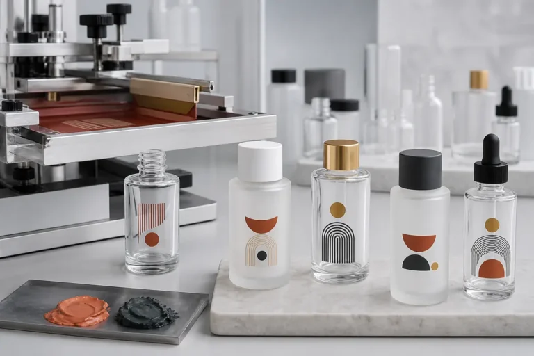 Screen printing setup beside cosmetic glass bottles with simple finished graphics