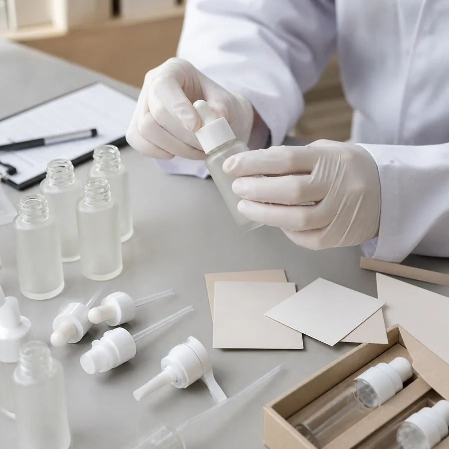Packaging specialist assembling serum bottle dropper and pump samples