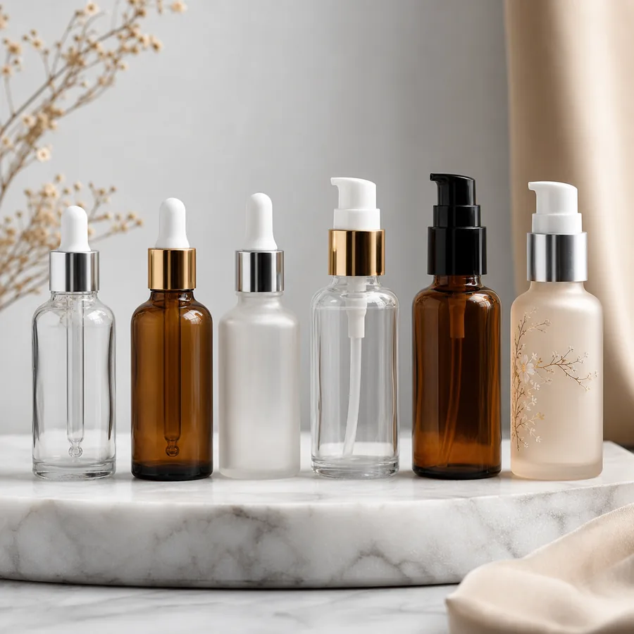 Clear amber and decorated serum bottles with dropper and pump configurations