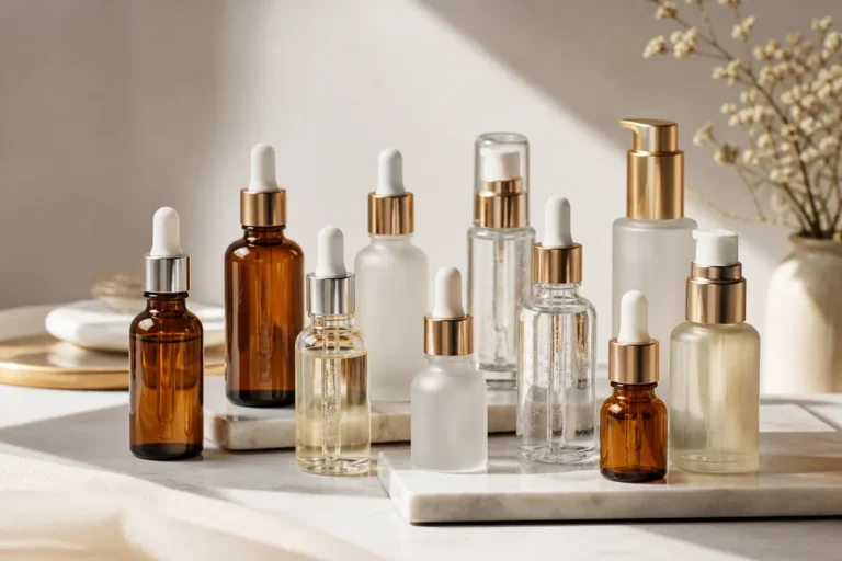 Assortment of glass serum bottles with dropper and treatment pump dispensing options
