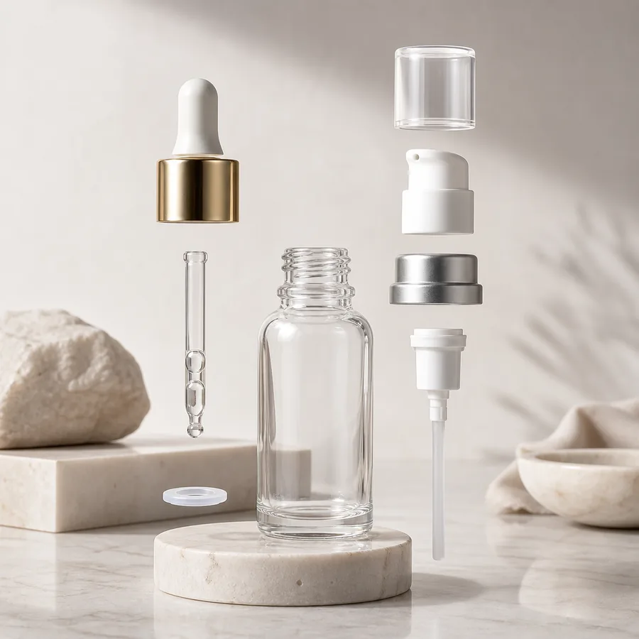 Serum bottle dropper pipette bulb treatment pump actuator and dip tube components