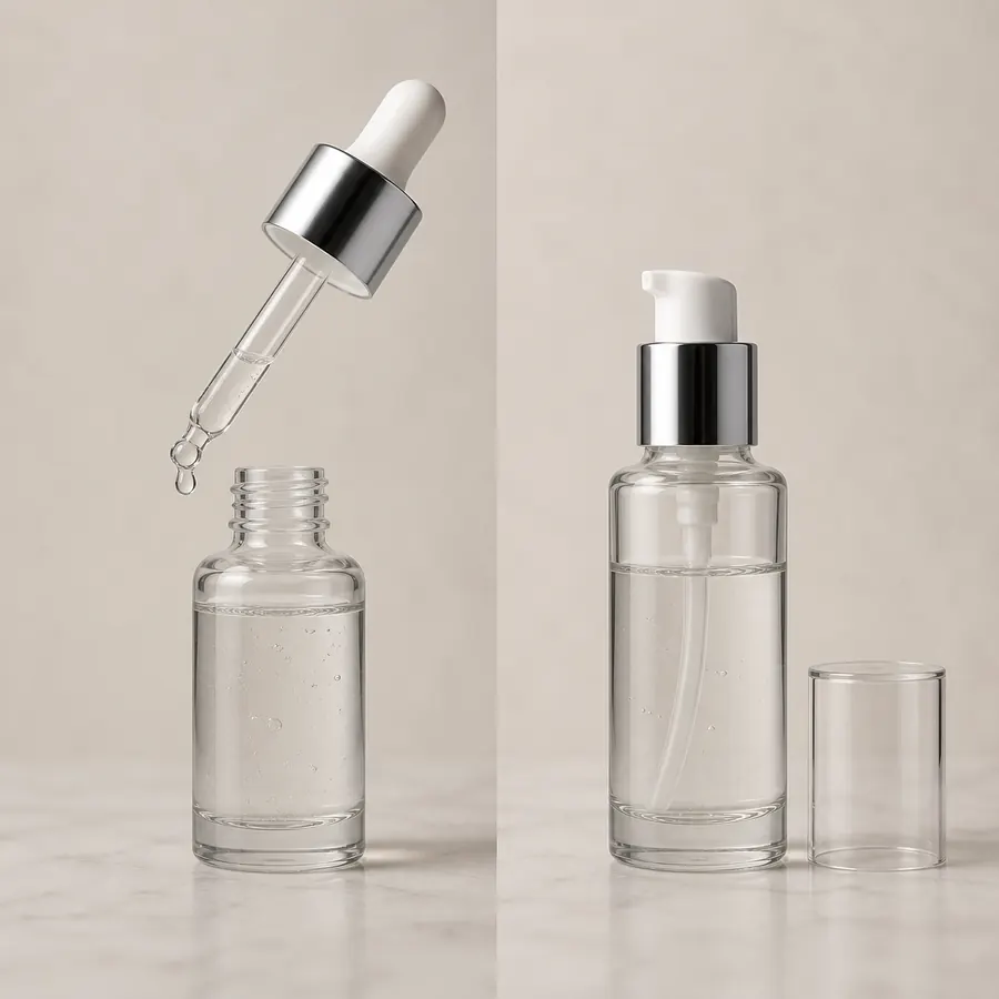compare dropper and pump systems for serum packaging design