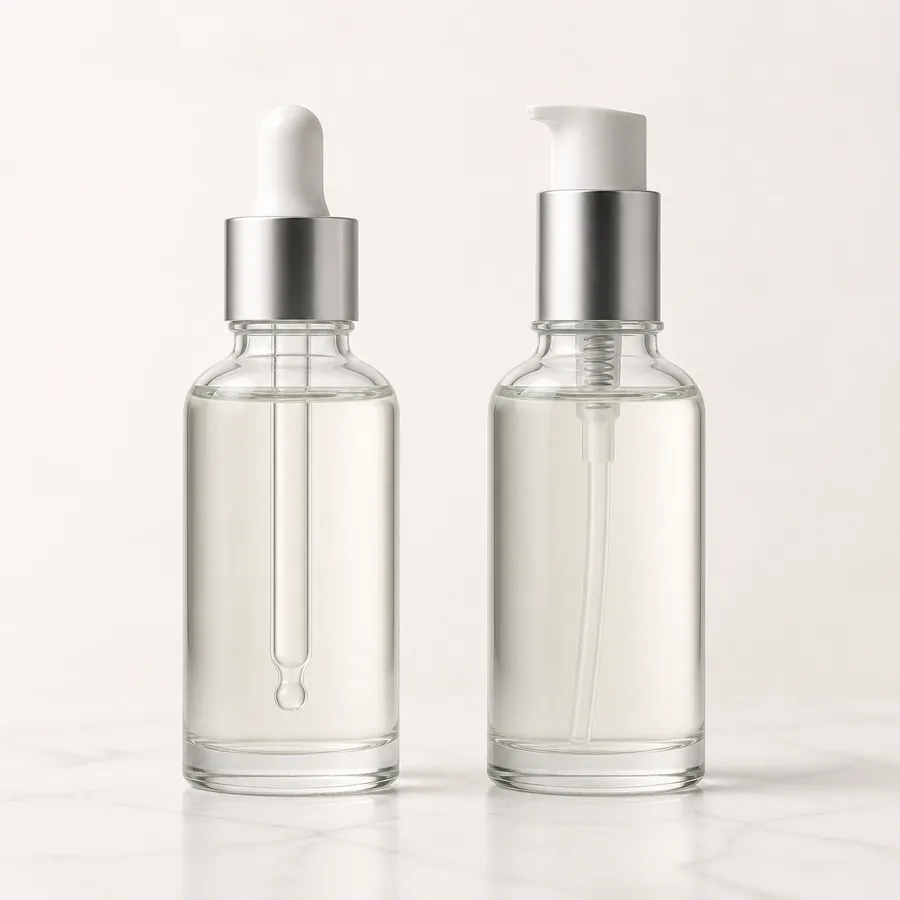 Matching glass serum bottles with a pipette dropper and treatment pump