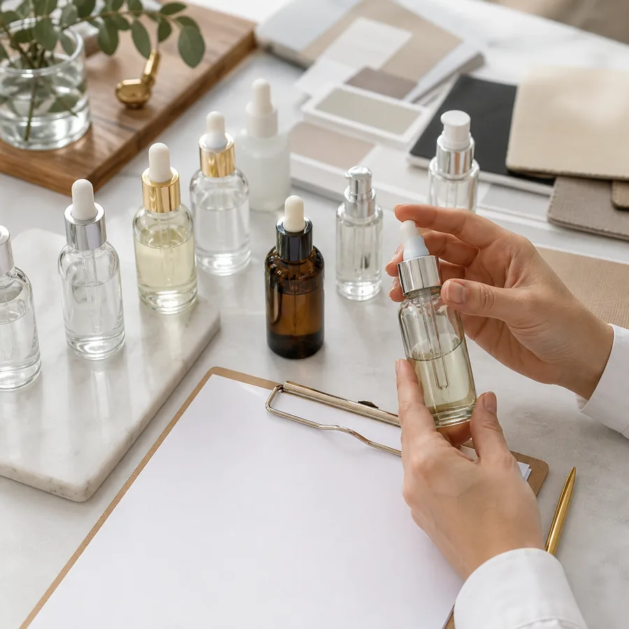 Buyer reviewing assembled serum bottle samples for fit dispensing and decoration