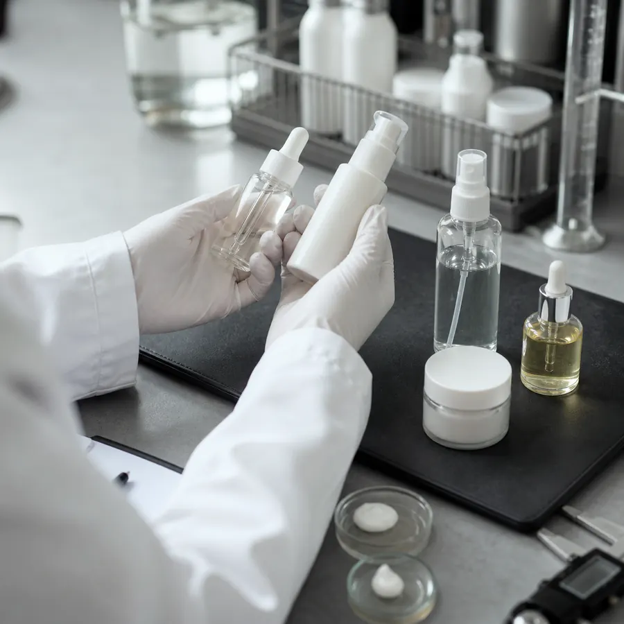 Packaging specialist evaluating serum, lotion, toner, cream and facial oil samples