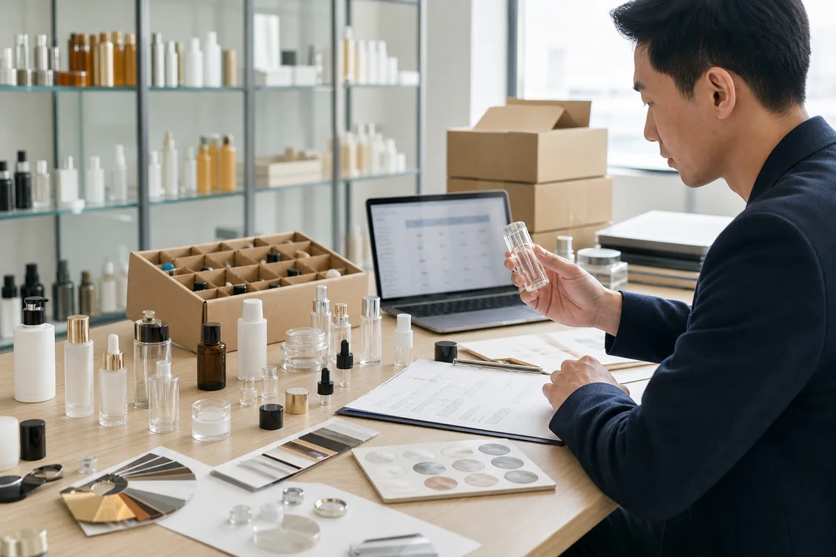 Buyer sourcing custom cosmetic glass bottles with packaging samples and shipping documents
