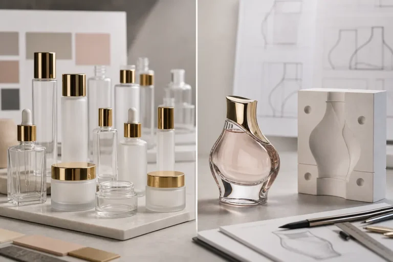 Stock cosmetic glass bottle family compared with a distinctive custom mold bottle prototype
