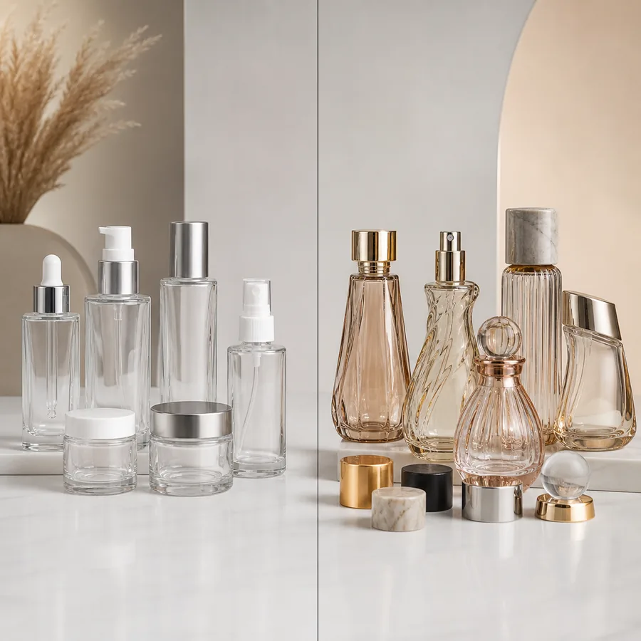 Stock and custom cosmetic glass bottles compared with closures and finish samples