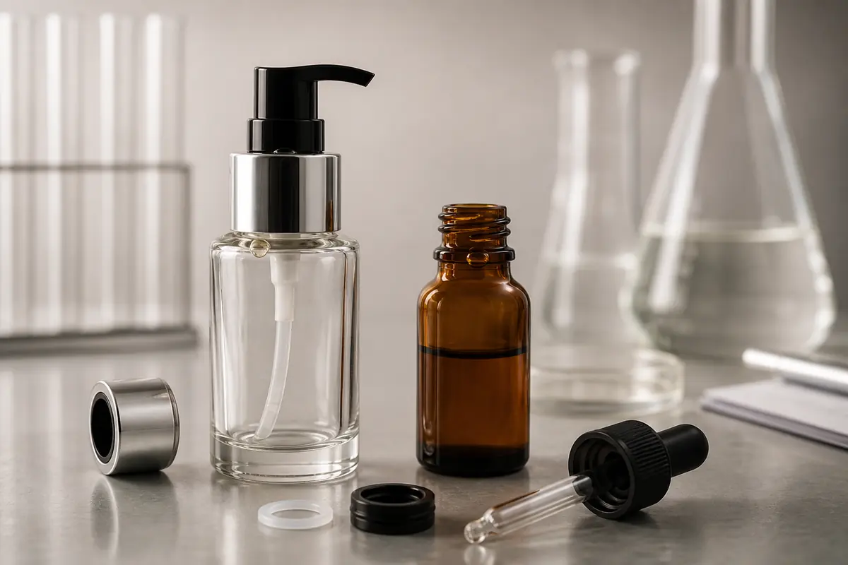 Cosmetic pump and dropper bottles arranged for packaging leakage diagnosis