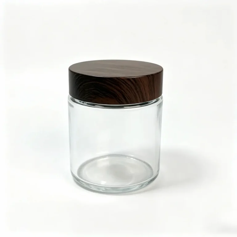 Front view of a 100g clear glass cream jar with a wood-grain screw cap for facial cream and skincare packaging.