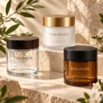 Custom printing and color reference for 100g clear glass cream jars with wood-grain caps, showing decorative branding options for cosmetic packaging.