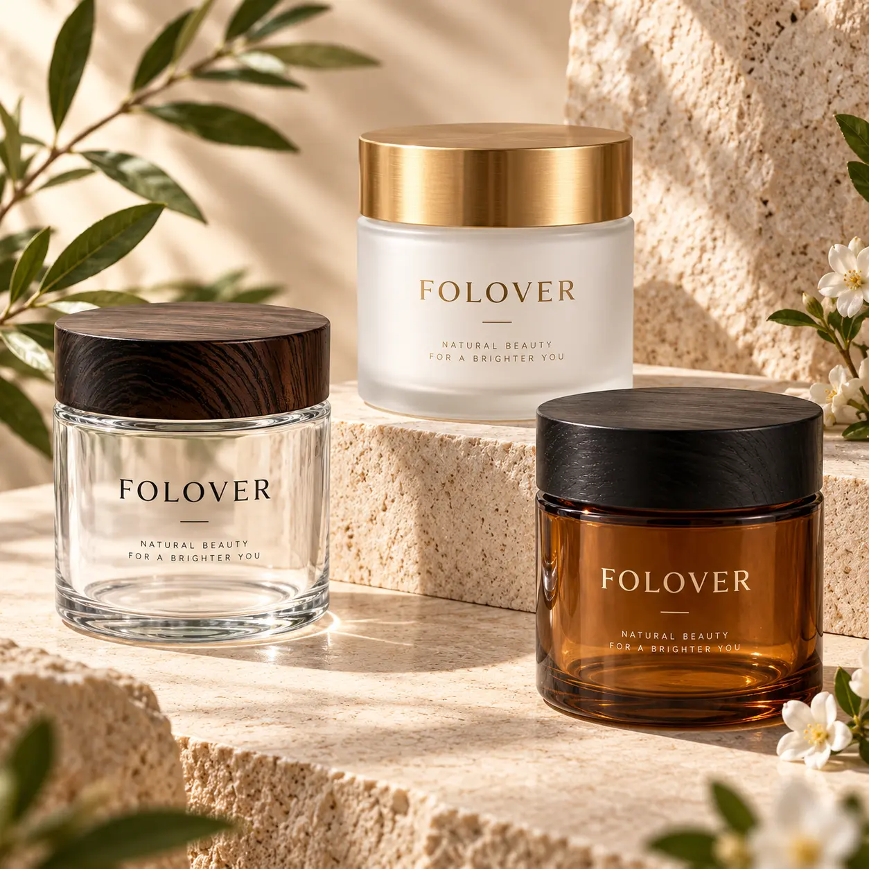 100g Boião de Creme de Vidro Transparente – Referência de Cores de Impressão Personalizada Referência de impressão personalizada e cor para boiões de creme de vidro transparente de 100g com tampas com efeito madeira, mostrando conceitos de marca decorativos para embalagens de cuidados de pele.