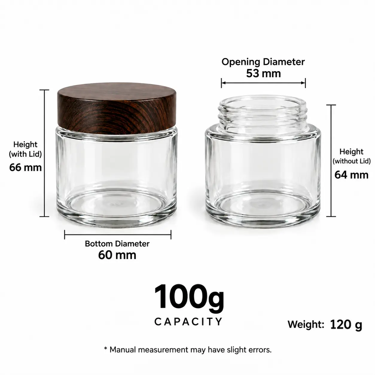 100g Boião de Creme de Vidro Transparente – Dimensões e Capacidade 100g diagrama de dimensões do boião de creme de vidro transparente mostrando um diâmetro de abertura de 53 mm, diâmetro de base de 60 mm, altura total com tampa de 66 mm e altura do boião sem tampa de 64 mm.
