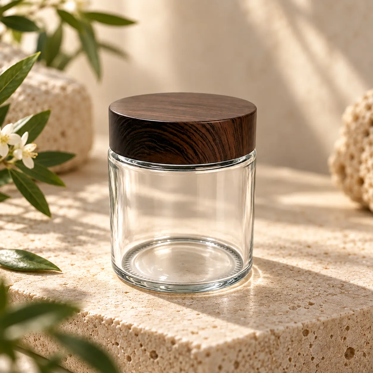100g Boião de creme de vidro transparente – Cenário de embalagem para cuidados de pele Boião de creme de vidro transparente de 100g com tampa com efeito madeira apresentado num contexto de embalagem de cuidados de pele para produtos de creme facial e hidratante.