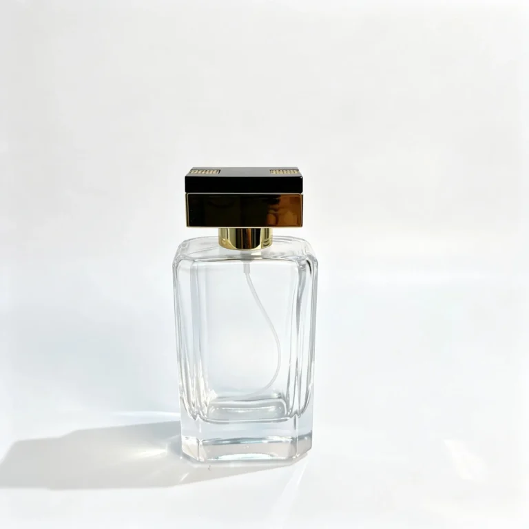 Front view of the 100ml beveled rectangular glass perfume bottle showing its thick base, cut-edge body design, and fitted cap.