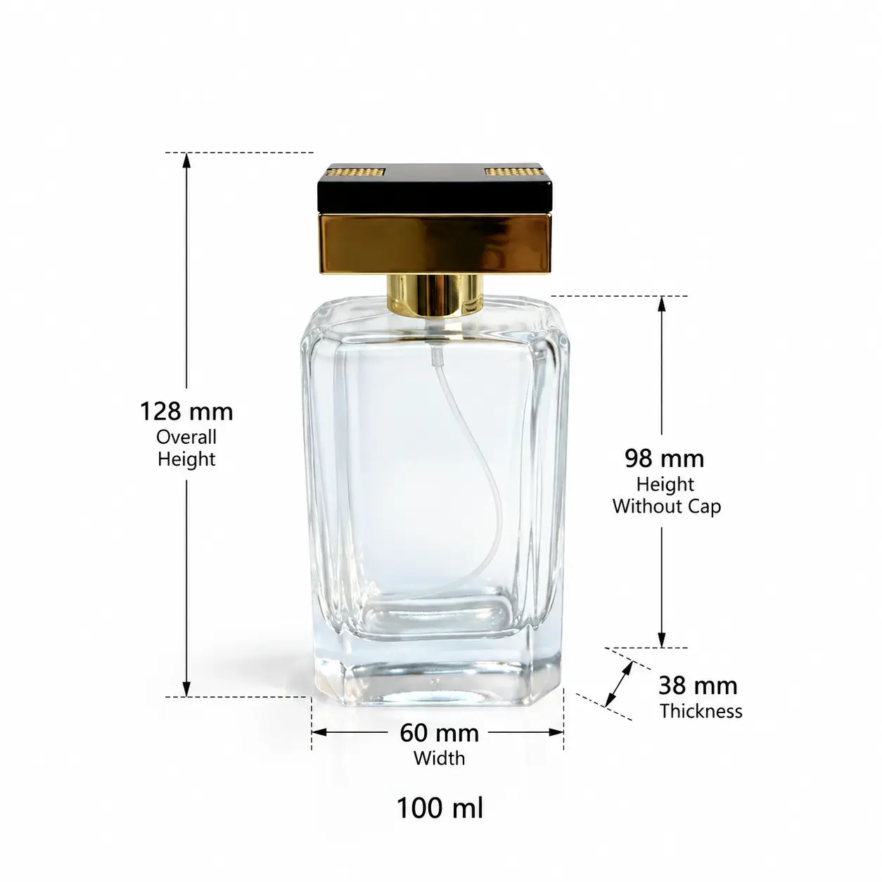 100ml Bottiglia per profumo rettangolare smussata – Dimensioni e capacità Schema dimensionale della bottiglia per profumo rettangolare smussata 100ml che mostra la larghezza di 60 mm, la profondità di 38 mm, l'altezza assemblata di 128 mm e la capacità di 100ml.