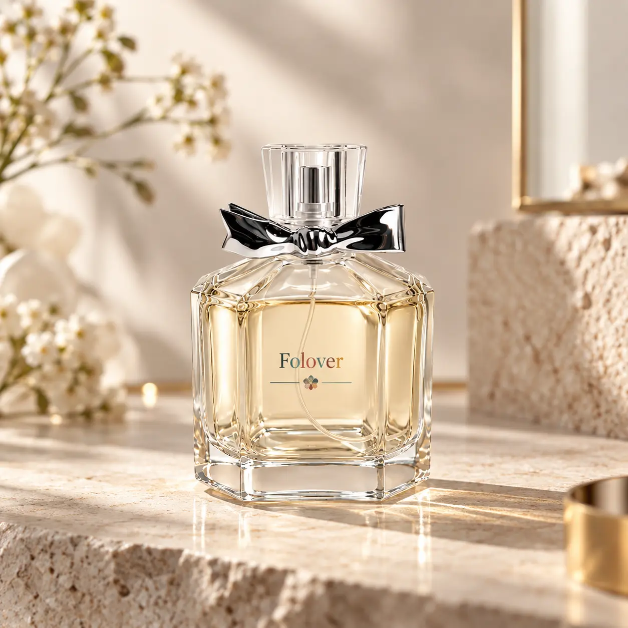 100ml Bow Perfume Bottle – Fragrance Display Scene 100ml bow perfume bottle presented in a fragrance display setting, highlighting its geometric silhouette and decorative packaging concept.