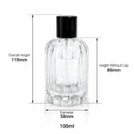 Dimension diagram of the 100ml chamfered ribbed perfume bottle showing its 58 mm diameter, 119 mm overall height with cap, and 89 mm bottle height without cap.