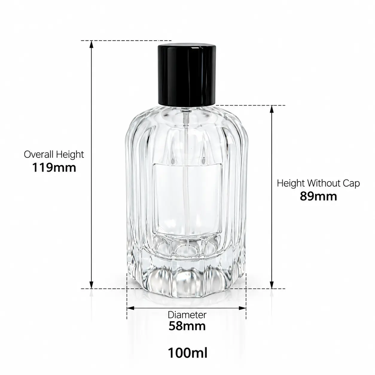 100ml Pahlı Nervürlü Parfüm Şişesi Ölçüleri ve Kapasitesi 100ml pahlı fitilli parfüm şişesinin 58 mm çapını, kapaklı 119 mm yüksekliğini ve kapaksız 89 mm şişe yüksekliğini gösteren ölçü şeması.