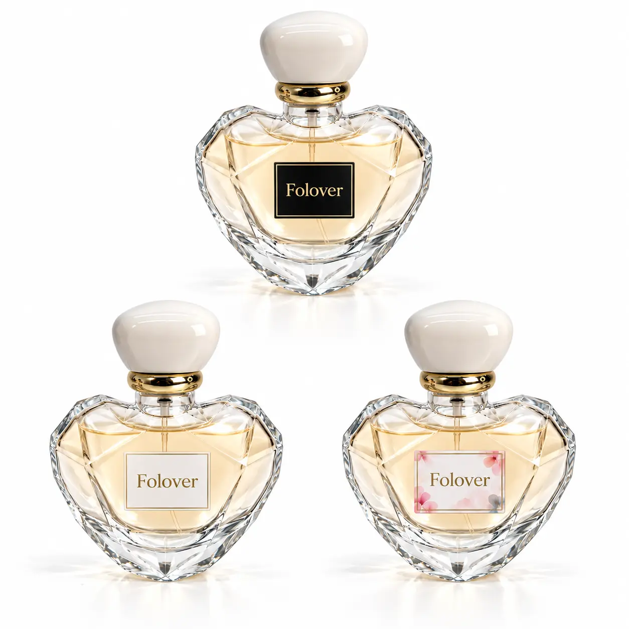 100ml Faceted Heart Perfume Bottle – Custom Logo Printing Reference Custom logo printing reference for the 100ml faceted heart perfume bottle illustrating decorative branding concepts on the geometric heart-shaped body.
