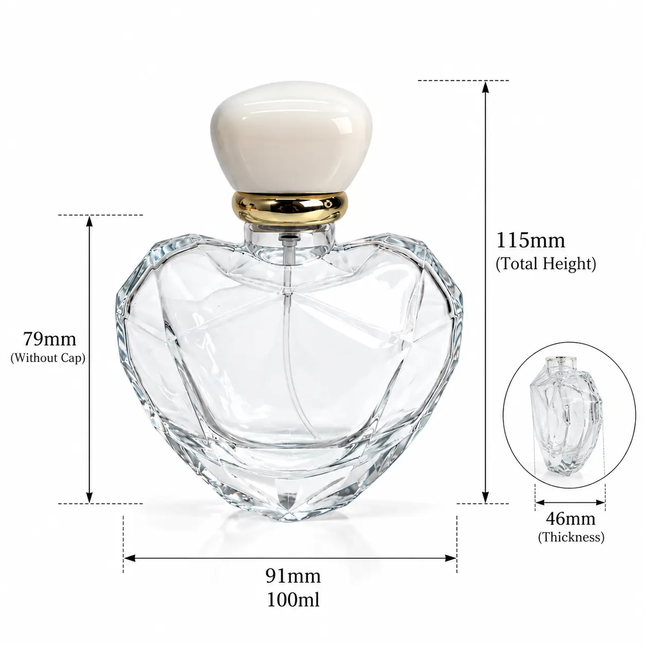 100ml Faceted Heart Perfume Bottle – Dimensions and Capacity Dimension reference for the 100ml faceted heart perfume bottle showing its heart-shaped body, stated capacity, and preliminary packaging measurements.