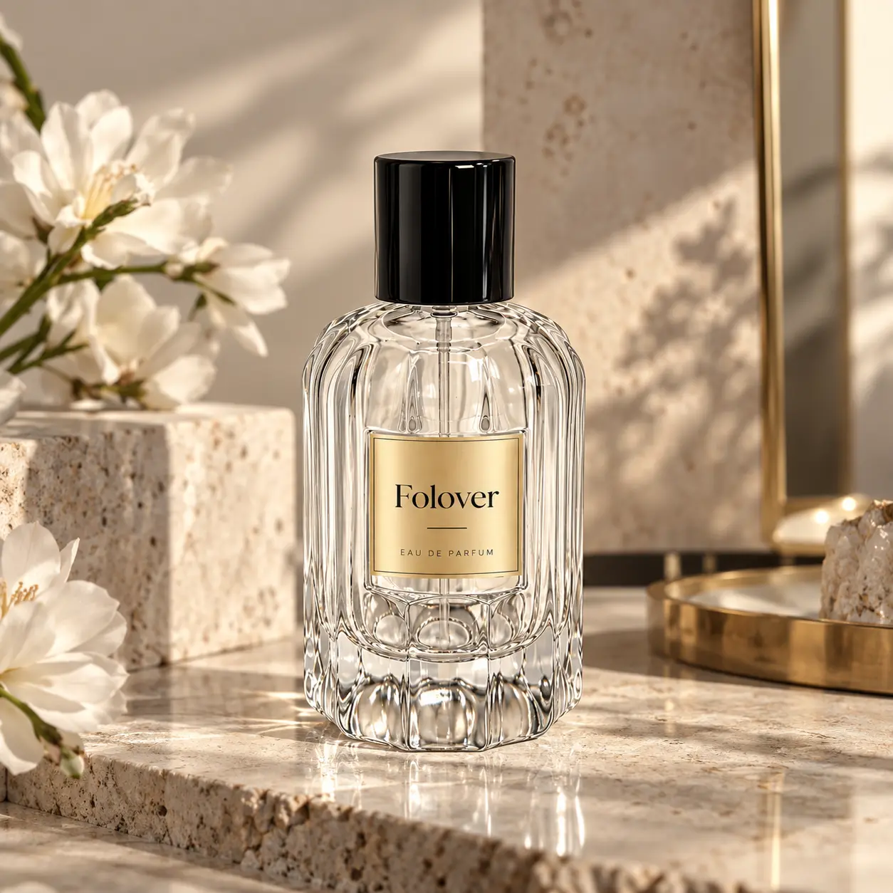 100ml Yüzeyli Parfüm Şişesi Sergileme Sahnesi Dikey fitil detaylı 100ml yüzeyli parfüm şişesi, monte edilmiş görünümünü göstermek üzere parfüm ambalajı teşhir ortamında sunulmaktadır.