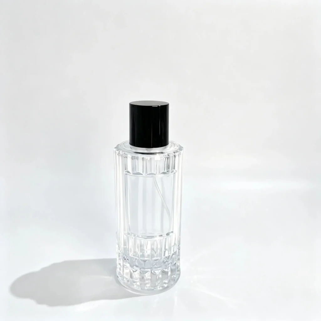Vue de face du flacon de parfum à colonne cannelée 100ml montrant son corps à nervures verticales, son pulvérisateur de parfum et son bouchon ajusté.