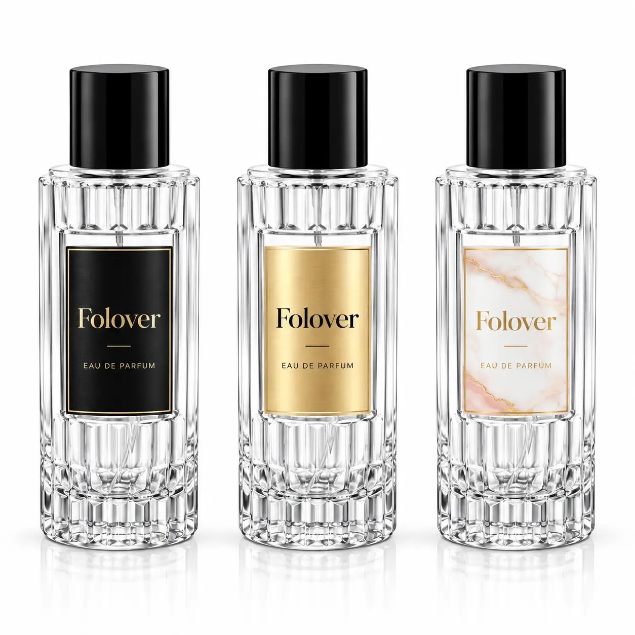 100ml Référence d'impression de logo personnalisé sur flacon de parfum cannelé Référence d'impression de logo personnalisé pour le flacon de parfum cannelé de 100ml, montrant les options de marquage sur son corps à colonnes nervurées verticales.