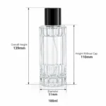 Schéma dimensionnel du flacon de parfum cannelé de 100ml indiquant son diamètre de 51 mm, sa hauteur avec capot de 139 mm, sa hauteur sans capot de 110 mm et sa capacité de 100ml.