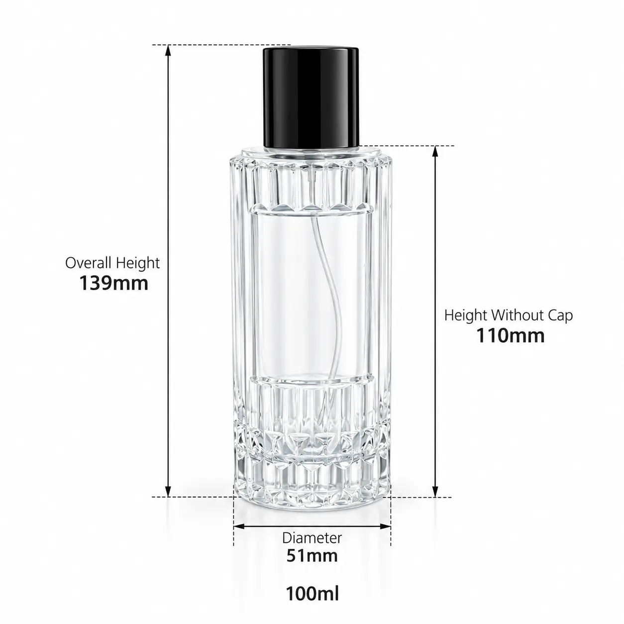 100ml Dimensions et capacité du flacon de parfum cannelé Schéma dimensionnel du flacon de parfum cannelé de 100ml indiquant son diamètre de 51 mm, sa hauteur avec capot de 139 mm, sa hauteur sans capot de 110 mm et sa capacité de 100ml.