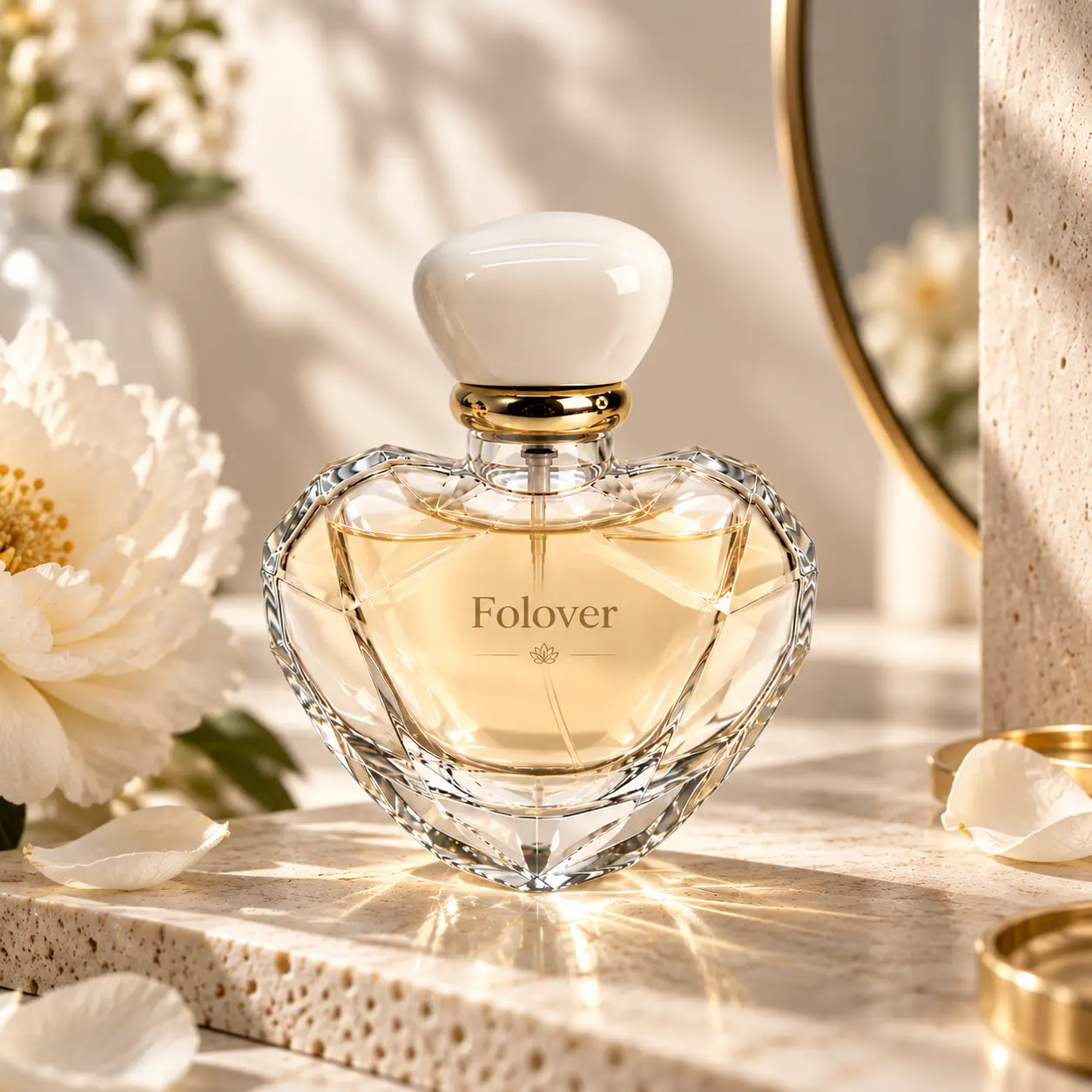 100ml Heart-Shaped Perfume Bottle – Fragrance Display Scene 100ml heart-shaped perfume bottle presented in a fragrance display setting, illustrating its faceted design and decorative packaging appearance.