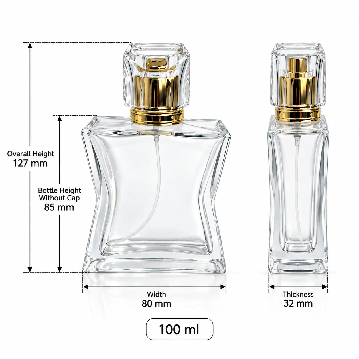 100ml 모래시계형 향수병 - 치수 및 용량 80 mm 너비, 32 mm 두께, 127 mm 조립 높이, 100ml 용량을 보여주는 100ml 모래시계형 향수병의 치수 도면.