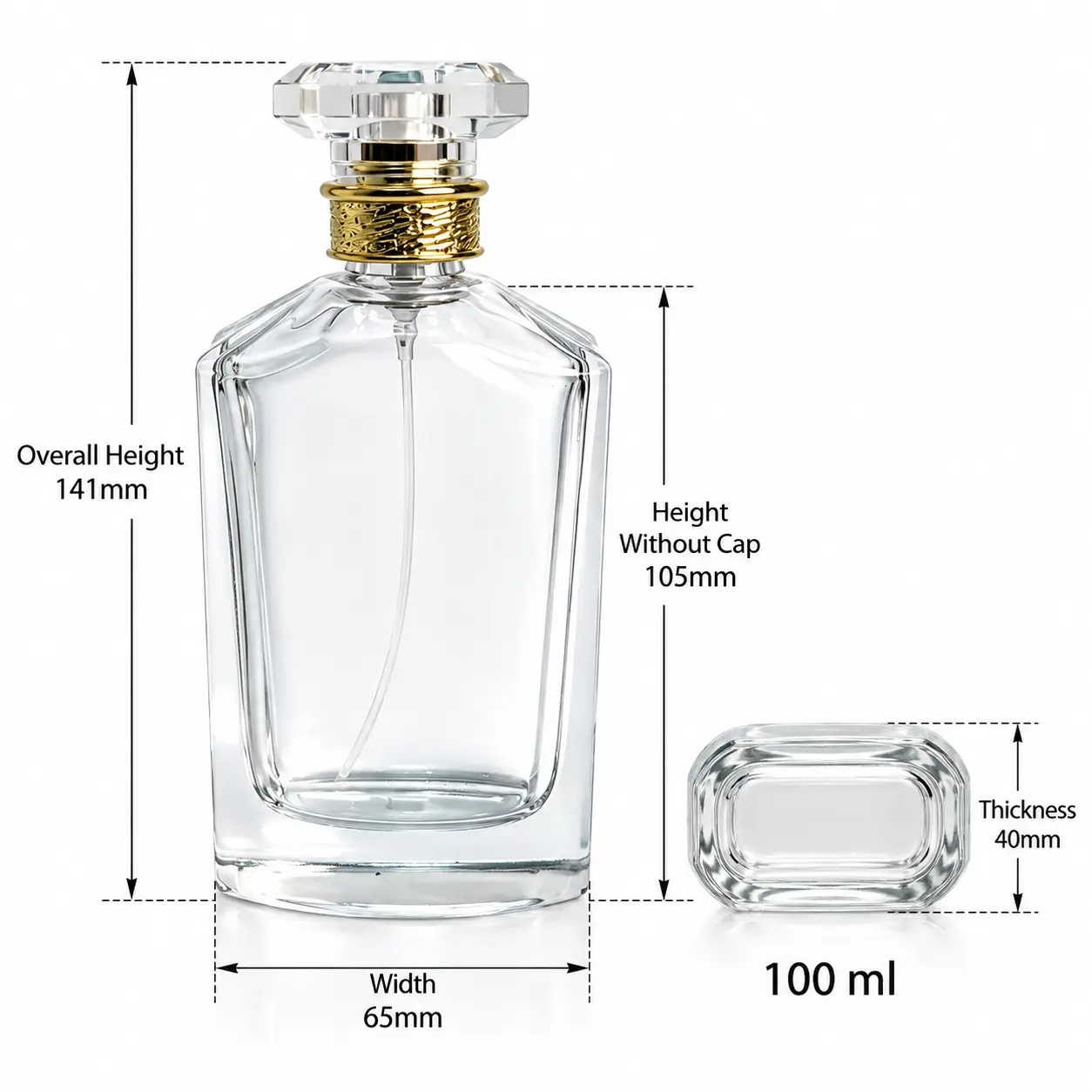 100ml 다면 퍼퓸 병 치수 도면으로, 65 mm 너비, 40 mm 두께, 캡 포함 141 mm 전체 높이, 캡 제외 105 mm 병 높이를 보여줍니다.