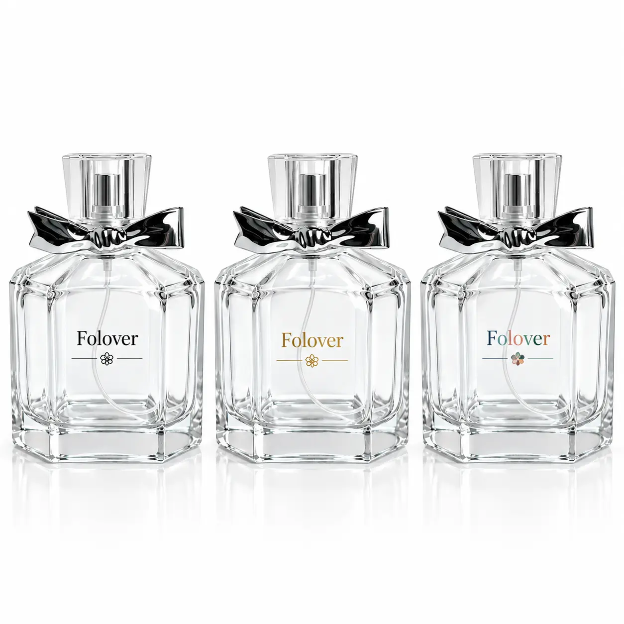100ml Octagonal Bow Perfume Bottle – Custom Logo Printing Reference Custom logo printing reference for the 100ml octagonal bow perfume bottle, illustrating branded decoration concepts for fragrance packaging.