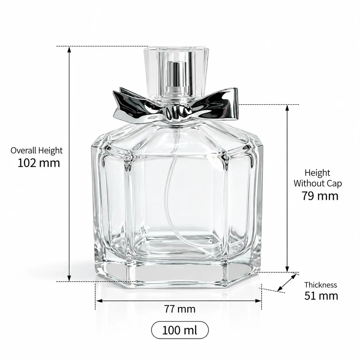 100ml Octagonal Perfume Bottle – Dimensions and Capacity Dimension diagram of the 100ml octagonal perfume bottle showing its width, depth, assembled height, and nominal capacity.