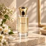 زجاجة عطر 100ml مع غطاء تاجي ذهبي معروضة في مشهد عرض لتغليف العطور، تُظهر تركيبة الزجاجة والغطاء الكاملة.