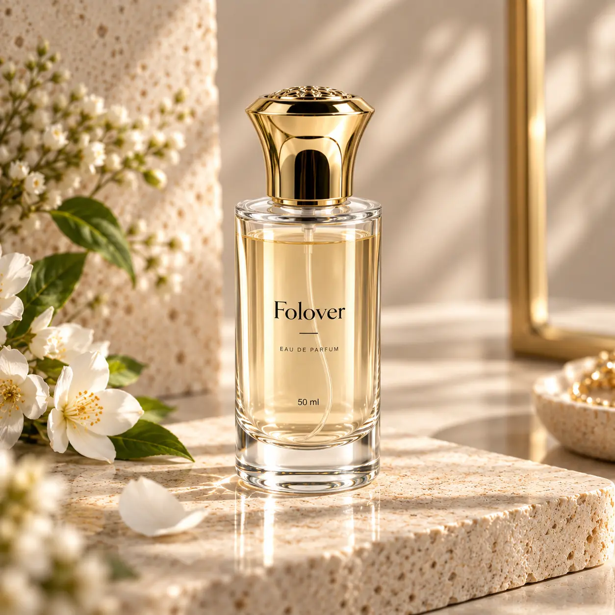 100ml مشهد عرض زجاجة عطر مع غطاء تاجي ذهبي زجاجة عطر 100ml مع غطاء تاجي ذهبي معروضة في مشهد عرض لتغليف العطور، تُظهر تركيبة الزجاجة والغطاء الكاملة.